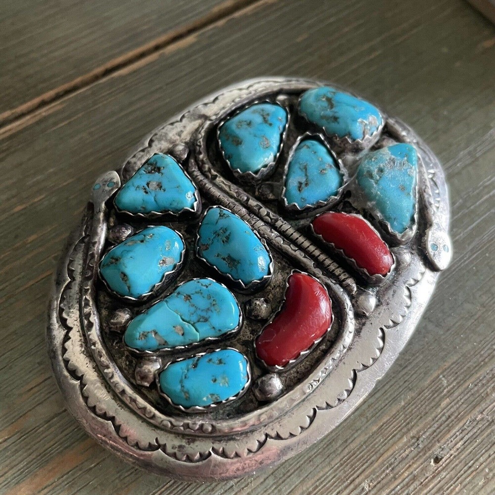 Rare Vintage Effie C Calavaza Turquoise and Coral Sterling Belt Buckle - Picture 4 of 14